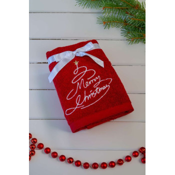 Törölköző hímzéssel, MERRY CHRISTMAS - piros